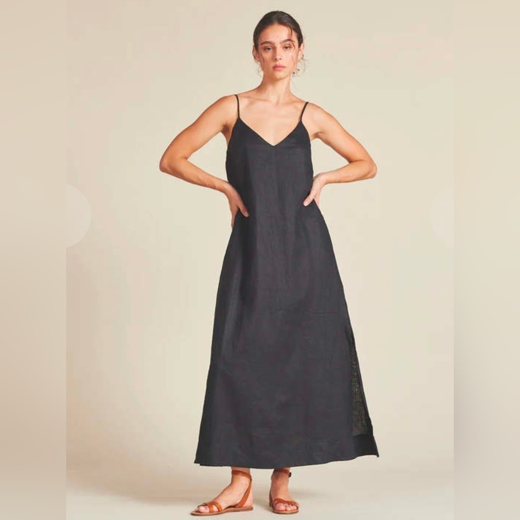Trovata Birds Of Paradis Black Linen Reva Maxi Dress W/ Pockets, Small